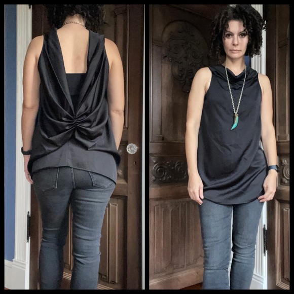 Tops - Unique Black Satin Open Back Top